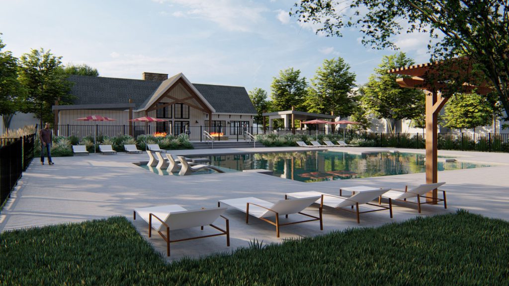 Rendering of swimming pool area with chairs and umbrellas