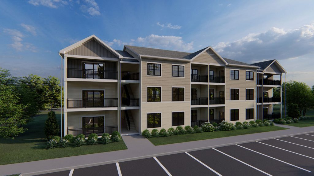 Outdoor rendering of VC Bend apartment units
